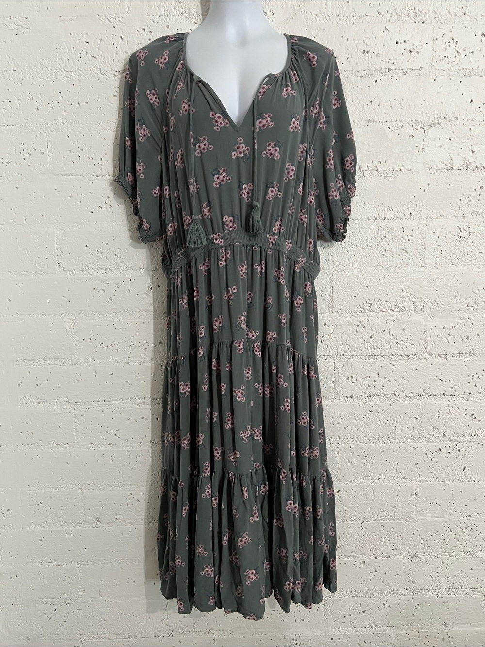 Lucky Brand Olive Green Midi Dress with Pink Floral Print